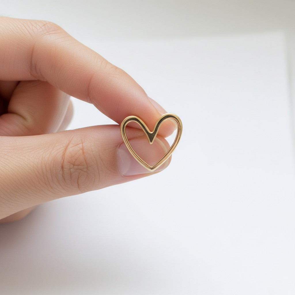 18K Gold Heart Studs Held Against White Paper Background